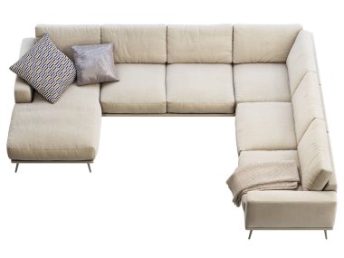 Modern bej kumaşlı şezlong yastıklı ve ekoseli köşedeki kanepe. Beyaz arka planda metal bacaklı kumaş döşeme koltuğu. Yüzyılın ortalarında, Modern, Çatı katı, Chalet, İskandinav iç mimarisi. 3d hazırlayıcı