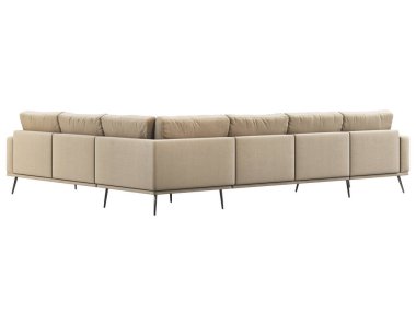 Modern bej kumaşlı şezlong yastıklı ve ekoseli köşedeki kanepe. Beyaz arka planda metal bacaklı kumaş döşeme koltuğu. Yüzyılın ortalarında, Modern, Çatı katı, Chalet, İskandinav iç mimarisi. 3d hazırlayıcı
