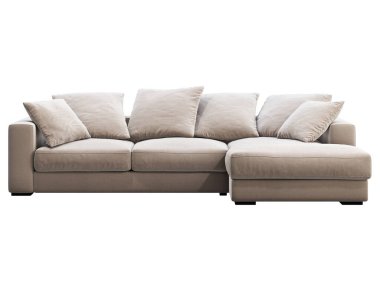 Modern bej renkli şezlong kumaş kanepe. Beyaz arka planda yastıkları olan tekstil döşeme köşesi kanepesi. Yüzyılın ortalarında, Modern, Çatı katı, Chalet, İskandinav iç mimarisi. 3d hazırlayıcı