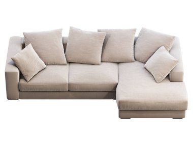 Modern bej renkli şezlong kumaş kanepe. Beyaz arka planda yastıkları olan tekstil döşeme köşesi kanepesi. Yüzyılın ortalarında, Modern, Çatı katı, Chalet, İskandinav iç mimarisi. 3d hazırlayıcı