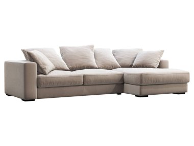 Modern bej renkli şezlong kumaş kanepe. Beyaz arka planda yastıkları olan tekstil döşeme köşesi kanepesi. Yüzyılın ortalarında, Modern, Çatı katı, Chalet, İskandinav iç mimarisi. 3d hazırlayıcı