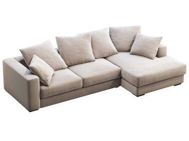Modern bej renkli şezlong kumaş kanepe. Beyaz arka planda yastıkları olan tekstil döşeme köşesi kanepesi. Yüzyılın ortalarında, Modern, Çatı katı, Chalet, İskandinav iç mimarisi. 3d hazırlayıcı