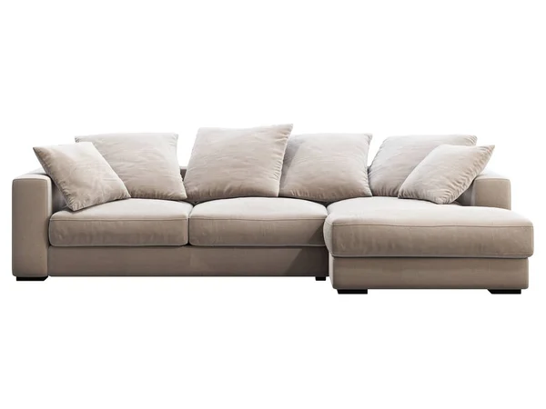 Modern bej renkli şezlong kumaş kanepe. Beyaz arka planda yastıkları olan tekstil döşeme köşesi kanepesi. Yüzyılın ortalarında, Modern, Çatı katı, Chalet, İskandinav iç mimarisi. 3d hazırlayıcı