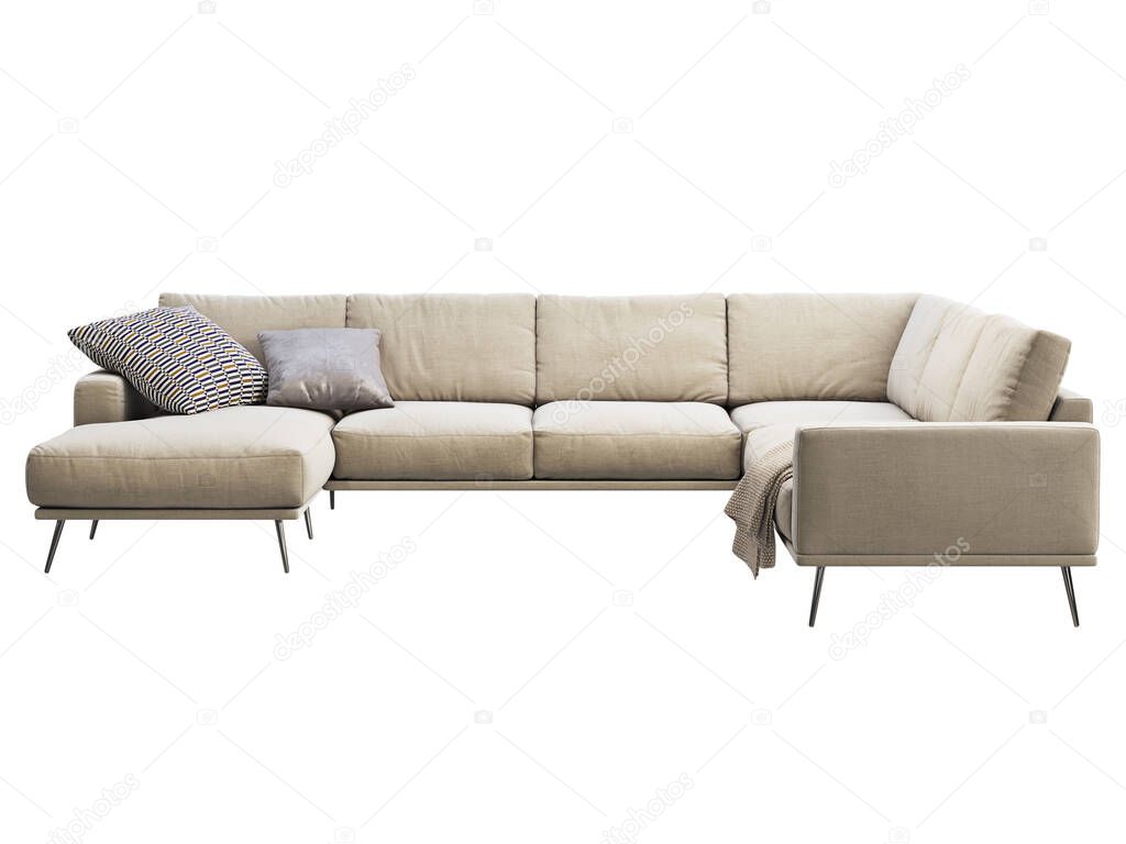 Modern beige fabric chaise lounge corner sofa with pillows and plaid. Fabric upholstery sofa with metal legs on white background. Mid-century, Modern, Loft, Chalet, Scandinavian interior. 3d render