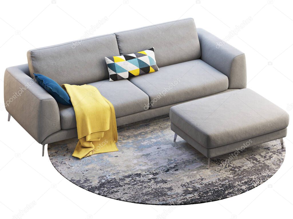 Modern light gray fabric sofa with decor. Modern furniture set on white background. Mid-century, Modern, Loft, Chalet, Scandinavian interior. 3d render