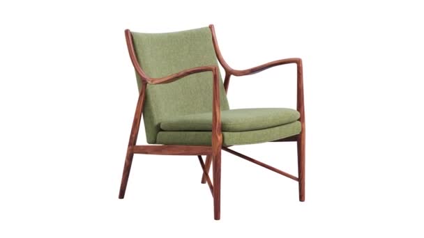 绿色椅子圆形动画 木制腿 白色背景 世纪中叶的现代木制框架椅 可旋转的3D渲染 — 图库视频影像