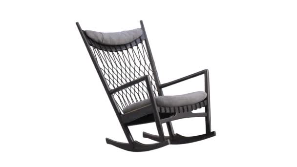 黑色木制摇椅的圆形动画 白色背景上有纺织品座椅和头枕 柳条是用绳子做成的 可旋转的3D渲染 — 图库视频影像