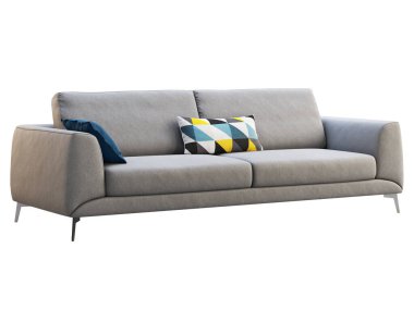 Beyaz arka planda yastıkları olan modern açık gri kumaş döşeme koltuğu. Yüzyılın ortalarında, Modern, Çatı katı, Chalet, İskandinav iç mimarisi. 3d hazırlayıcı