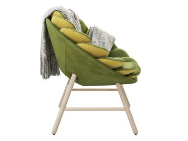 Yeşil tabanlı ve tahta bacaklı modern yeşil kumaş koltuk. Beyaz arka planda ekoseli kumaş döşemeli yuvarlak sandalye. Yüzyılın ortalarında, çatı katı, İskandinav iç mimarisi. 3d hazırlayıcı