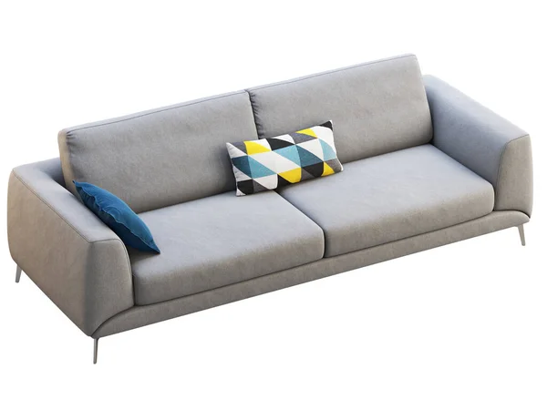 Sofá Estofos Tecido Cinza Claro Moderno Com Travesseiros Fundo Branco — Fotografia de Stock