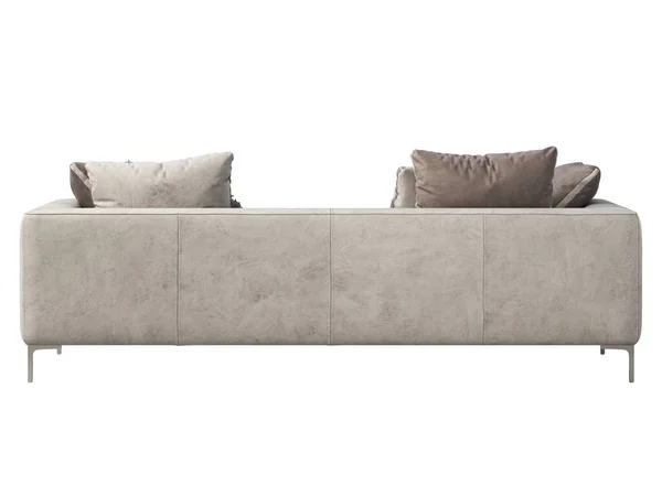 現代の革のソファ ライトグレー枕付き孤立した革のソファと白の背景に再生スロー 半世紀 ロフト シャレー 北欧インテリア 3Dレンダリング — ストック写真