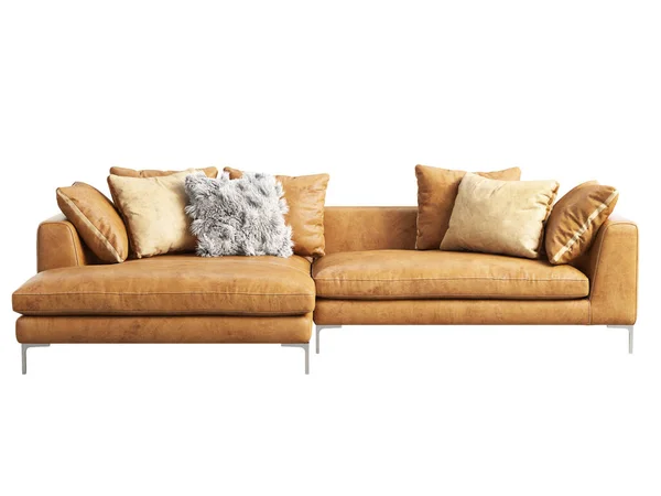 现代躺椅皮革沙发 棕色隔离皮革沙发 枕头白色背景 世纪中叶 查莱特 斯堪的纳维亚内陆 3D渲染 — 图库照片