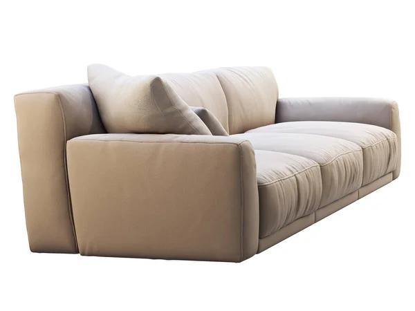 モダンなベージュ生地のソファ 白い背景に枕付きの繊維張りのソファ 半世紀 ロフト シャレー 北欧インテリア 3Dレンダリング — ストック写真