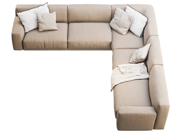 Modernes Sofa Aus Hellbeigem Stoff Textilpolster Ecksofa Mit Kissen Und — Stockfoto