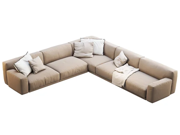モダンなライトベージュのファブリックソファ 枕付きの繊維張りのコーナーソファと白い背景にスローされます 半世紀 ロフト シャレー 北欧インテリア 3Dレンダリング — ストック写真