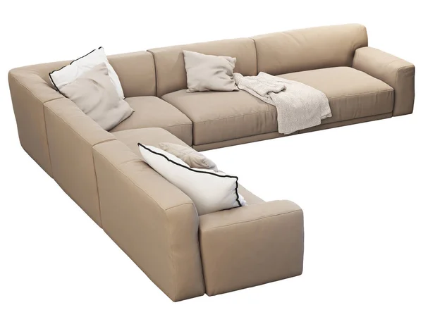 Sofa Kain Krem Modern Sofa Sudut Pelapis Tekstil Dengan Bantal — Stok Foto