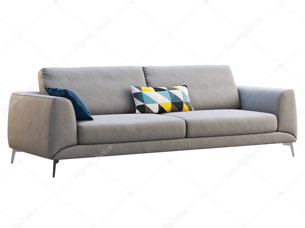 Modern light gray fabric upholstery sofa with pillows on white background. Mid-century, Modern, Loft, Chalet, Scandinavian interior. 3d render
