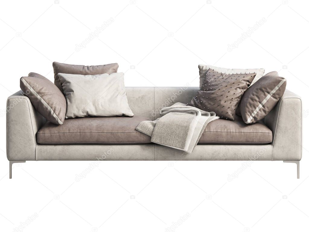Modern leather sofa. Light gray Isolated leather sofa with pillows and throw plaid on white background. Mid-century, Modern, Loft, Chalet, Scandinavian interior. 3d render