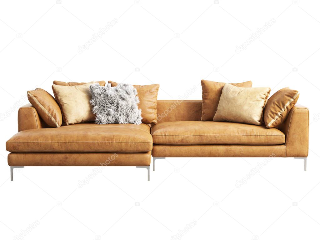 Modern chaise lounge leather sofa. Brown isolated leather sofa with pillows on white background. Mid-century, Modern, Loft, Chalet, Scandinavian interior. 3d render