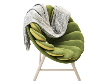 Yeşil tabanlı ve tahta bacaklı modern yeşil kumaş koltuk. Beyaz arka planda ekoseli kumaş döşemeli yuvarlak sandalye. Yüzyılın ortalarında, çatı katı, İskandinav iç mimarisi. 3d hazırlayıcı