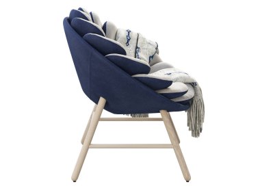 Koyu mavi tabanlı ve tahta bacaklı modern açık gri kumaş koltuk. Beyaz arka planda ekoseli kumaş döşemeli yuvarlak sandalye. Yüzyılın ortalarında, çatı katı, İskandinav iç mimarisi. 3d hazırlayıcı