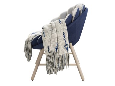 Koyu mavi tabanlı ve tahta bacaklı modern açık gri kumaş koltuk. Beyaz arka planda ekoseli kumaş döşemeli yuvarlak sandalye. Yüzyılın ortalarında, çatı katı, İskandinav iç mimarisi. 3d hazırlayıcı