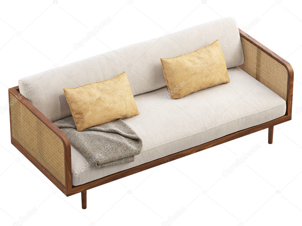Mid-century wooden sofa with blanket and pillows. Sofa with woven cane armrest and back on white background. Mid-century, Loft, Scandinavian interior. 3d render