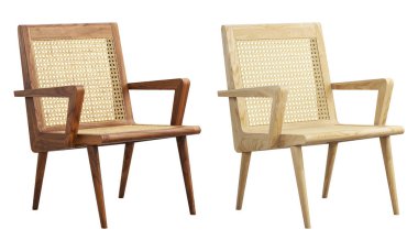 Asrın ortalarında, sırtı örülmüş kamış sırtı ve beyaz arka planda oturan ahşap bir koltuk. Yüzyılın ortalarında, çatı katı, İskandinav iç mimarisi. 3d hazırlayıcı