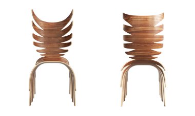 Beyaz arka planda modern ahşap sandalye. Yüzyılın ortalarında, çatı katı, İskandinav iç mimarisi. 3d hazırlayıcı