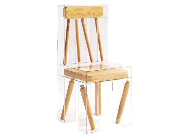 Ahşap kaplama beyaz arka planlı modern plastik sandalye. Özel şeffaf sandalye. Yüzyılın ortalarında, çatı katı, İskandinavya, modern iç mimari. 3d hazırlayıcı