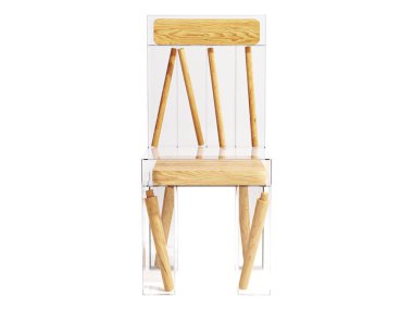 Ahşap kaplama beyaz arka planlı modern plastik sandalye. Özel şeffaf sandalye. Yüzyılın ortalarında, çatı katı, İskandinavya, modern iç mimari. 3d hazırlayıcı