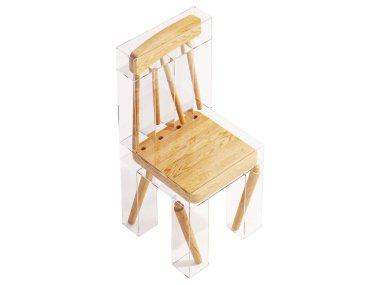 Ahşap kaplama beyaz arka planlı modern plastik sandalye. Özel şeffaf sandalye. Yüzyılın ortalarında, çatı katı, İskandinavya, modern iç mimari. 3d hazırlayıcı