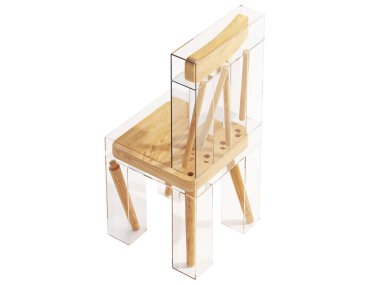 Ahşap kaplama beyaz arka planlı modern plastik sandalye. Özel şeffaf sandalye. Yüzyılın ortalarında, çatı katı, İskandinavya, modern iç mimari. 3d hazırlayıcı