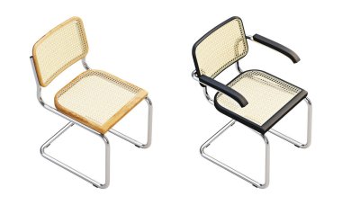 Asrın ortalarında, sırtı örülmüş kamış sırtı ve beyaz arka planda oturan ahşap bir koltuk. Krom taban koltuğu. Yüzyılın ortalarında, çatı katı, İskandinav iç mimarisi. 3d hazırlayıcı