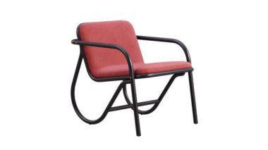 Kumaş döşemeli modern koltuğun dairesel animasyonu ve beyaz arka planda koltuğu. Dönüştürülebilir 3D görüntüleme. Yüzyılın ortalarında, çatı katı, İskandinav iç mimarisi..