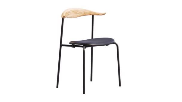黒革のシートと白の背景に木製の背もたれと黒金属椅子の円形アニメーション 中世の近代的な金属フレームチェア 回転式3Dレンダリング — ストック動画