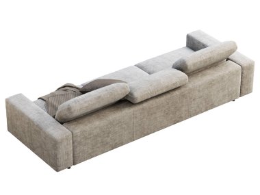 Ayarlanabilir sırtı olan modern gri kumaş kanepe. Beyaz arka planda yastıklı ve ekoseli tekstil döşeme koltuğu. Modern, Loft, İskandinav iç mimarisi. 3d hazırlayıcı