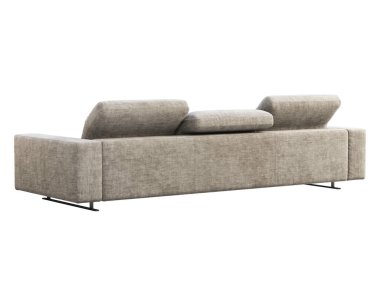 Ayarlanabilir sırtı olan modern gri kumaş kanepe. Beyaz arka planda yastıklı ve ekoseli tekstil döşeme koltuğu. Modern, Loft, İskandinav iç mimarisi. 3d hazırlayıcı