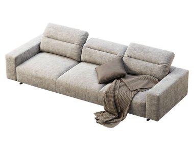 Ayarlanabilir sırtı olan modern gri kumaş kanepe. Beyaz arka planda yastıklı ve ekoseli tekstil döşeme koltuğu. Modern, Loft, İskandinav iç mimarisi. 3d hazırlayıcı