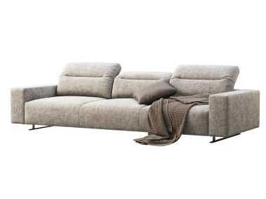 Ayarlanabilir sırtı olan modern gri kumaş kanepe. Beyaz arka planda yastıklı ve ekoseli tekstil döşeme koltuğu. Modern, Loft, İskandinav iç mimarisi. 3d hazırlayıcı