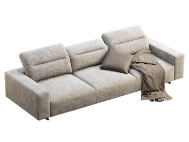 Ayarlanabilir sırtı olan modern gri kumaş kanepe. Beyaz arka planda yastıklı ve ekoseli tekstil döşeme koltuğu. Modern, Loft, İskandinav iç mimarisi. 3d hazırlayıcı