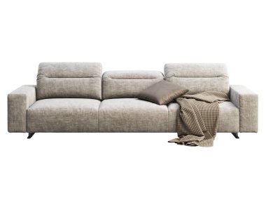 Ayarlanabilir sırtı olan modern gri kumaş kanepe. Beyaz arka planda yastıklı ve ekoseli tekstil döşeme koltuğu. Modern, Loft, İskandinav iç mimarisi. 3d hazırlayıcı