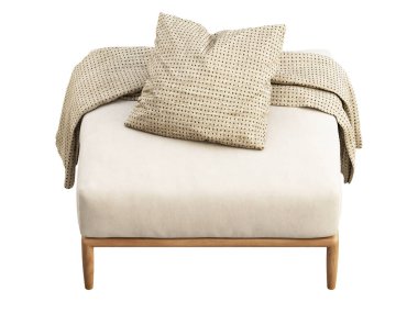 Beyaz arka planda yastıklı ve battaniyeli açık bej kumaş sedir. Açık havada tahta ayaklık. Modern ahşap bacaklar. 3d hazırlayıcı