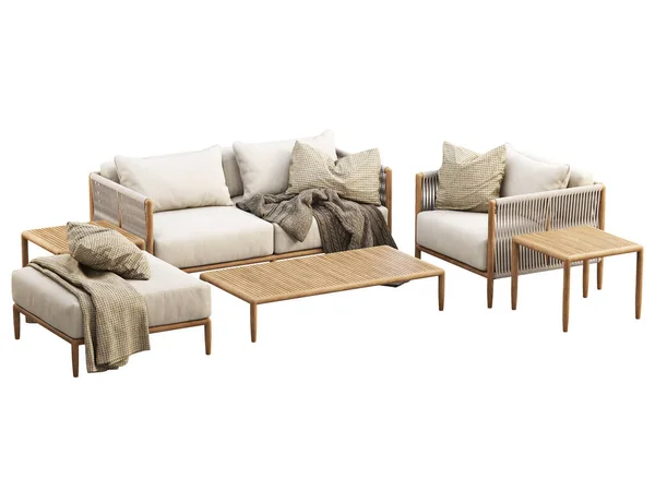 Modern outdoor furniture set with decor on white background. Outdoor wooden loveseat sofa and lounge chair with wicker back and armrest. Modern wooden legs ottoman and coffee tables. 3d render