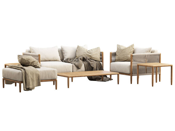 Modern outdoor furniture set with decor on white background. Outdoor wooden loveseat sofa and lounge chair with wicker back and armrest. Modern wooden legs ottoman and coffee tables. 3d render