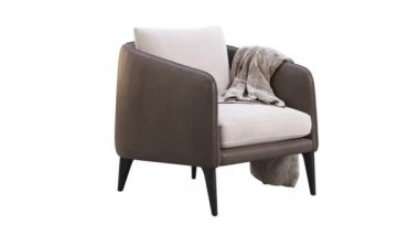Tekstil yastıklı modern deri koltuğun dairesel animasyonu. Beyaz arka planda ekoseli kumaş döşeme koltuğu. Yüzyılın ortalarında, çatı katı, Chalet, İskandinav iç mimarisi. 3d hazırlayıcı