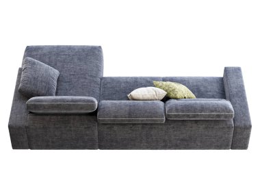 Ayarlanabilir arkası olan modern koyu mavi kumaş kanepe. Tekstil döşeme şezlongunda beyaz arka planda yastıklar. Modern, Loft, İskandinav iç mimarisi. 3d hazırlayıcı