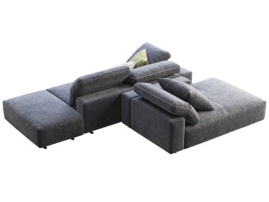 Ayarlanabilir arkası olan modern koyu mavi kumaş kanepe. Beyaz arka planda yastıkları olan tekstil döşeme modüler kanepesi. Modern, Loft, İskandinav iç mimarisi. 3d hazırlayıcı