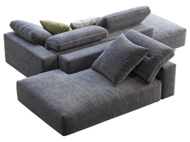 Ayarlanabilir arkası olan modern koyu mavi kumaş kanepe. Beyaz arka planda yastıkları olan tekstil döşeme modüler kanepesi. Modern, Loft, İskandinav iç mimarisi. 3d hazırlayıcı