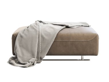 Ekoseli modern kahverengi deri kanepe. Beyaz arka planda örülmüş battaniyeli deri döşeme. Modern, Loft, İskandinav iç mimarisi. 3d hazırlayıcı